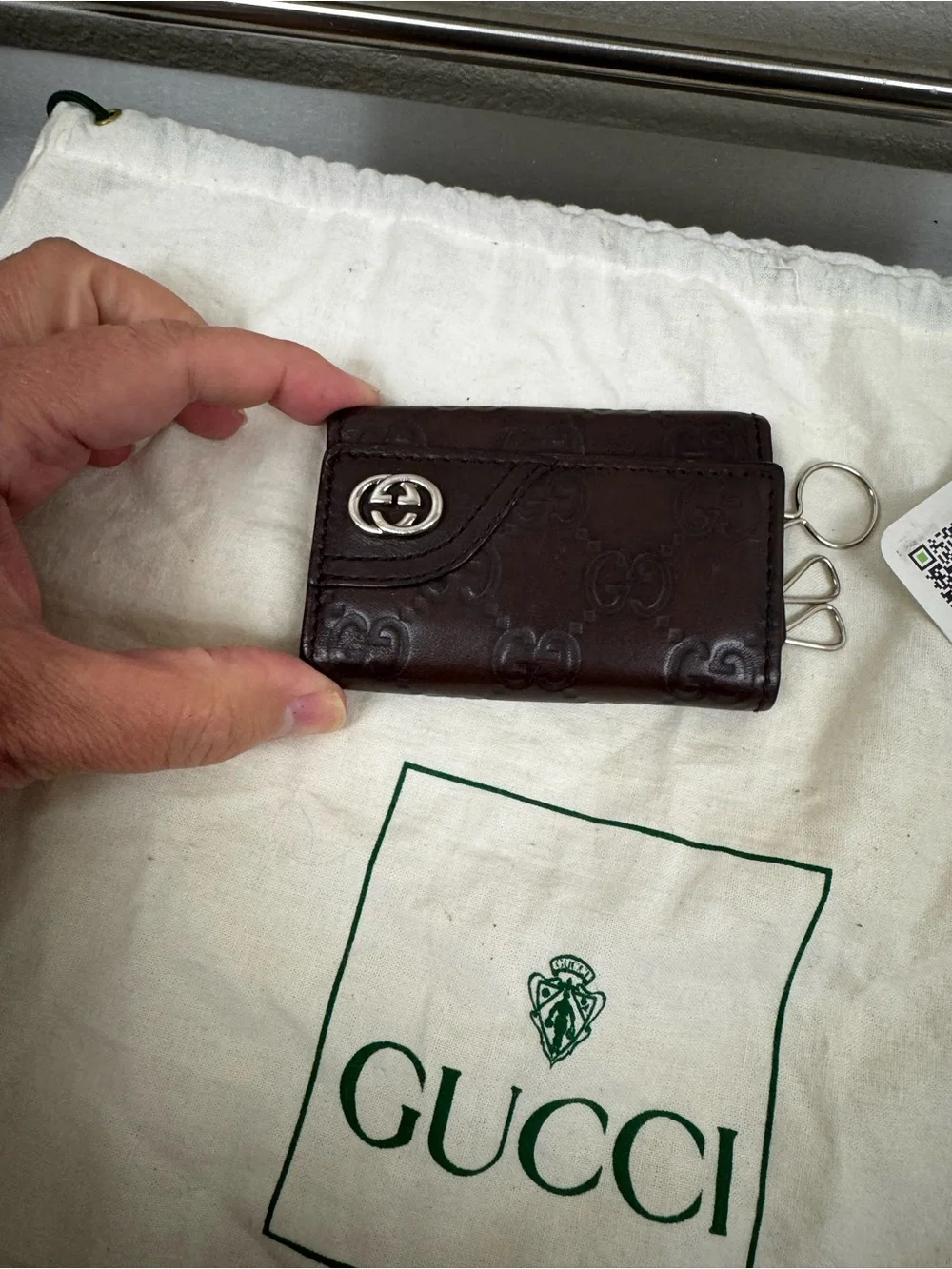 Gucci Brown Leather Key Case with Silver GG Logo with Certificate
